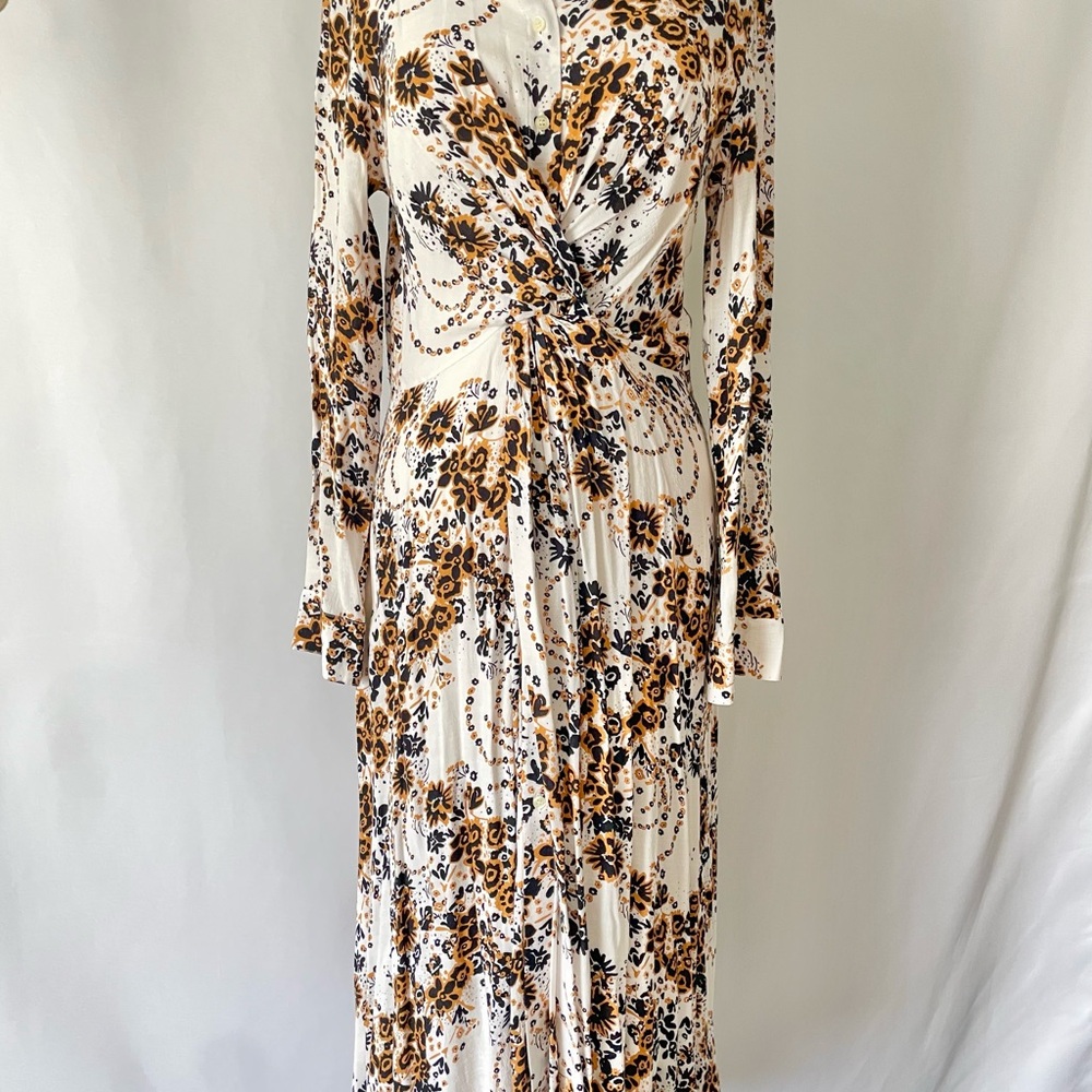 Free People White Maxi Dress with Gold & Black Floral Print